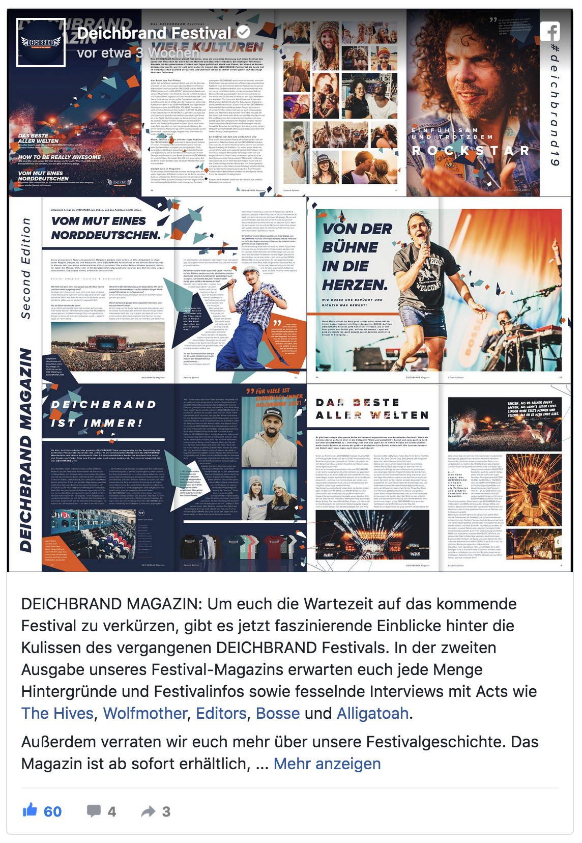 Facebook-Beitrag mit Texten und Interviews mit Andrew Stockdale von Wolfmother, Bosse, Alligatoah uvm.